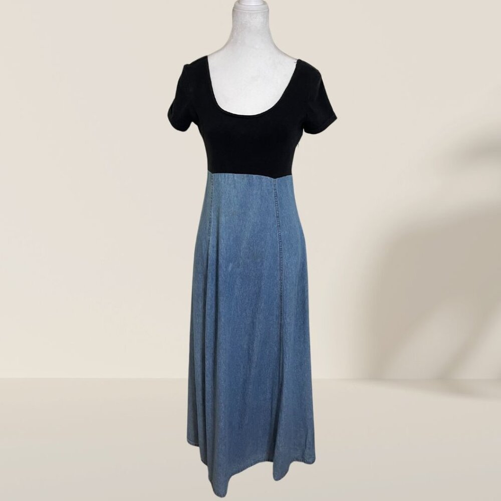 Vintage Casual Corner Two-Tone Denim Midi Dress – Black & Blue, Size 6